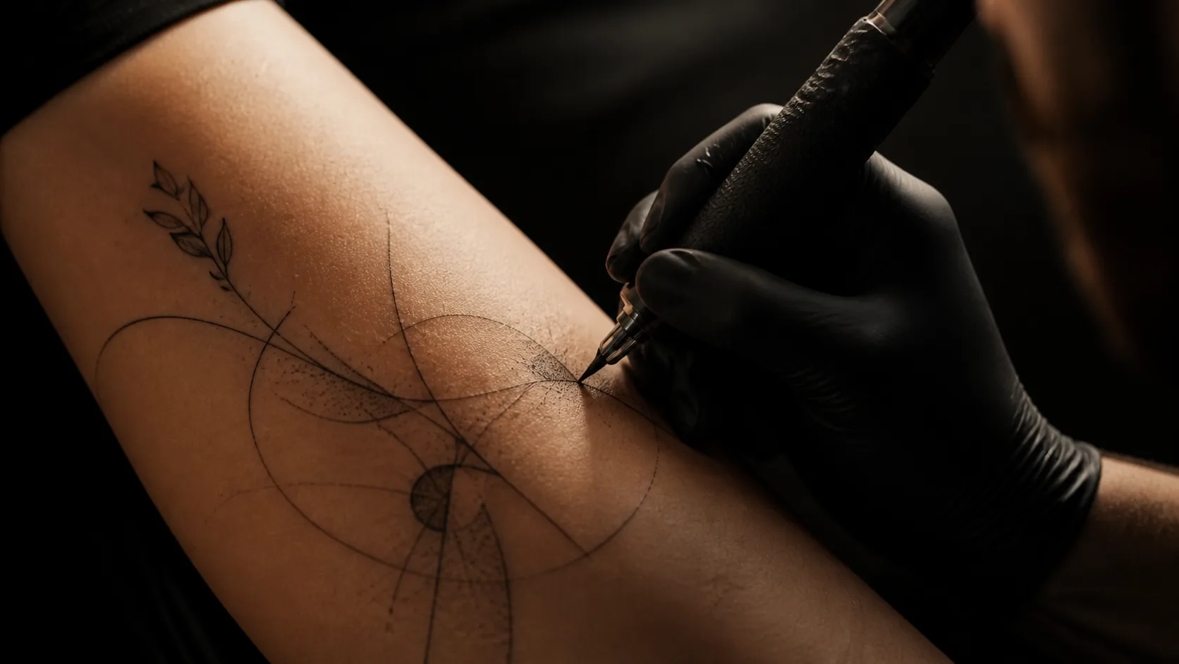 Main gantée tatouant un motif abstrait au trait fin sur un bras