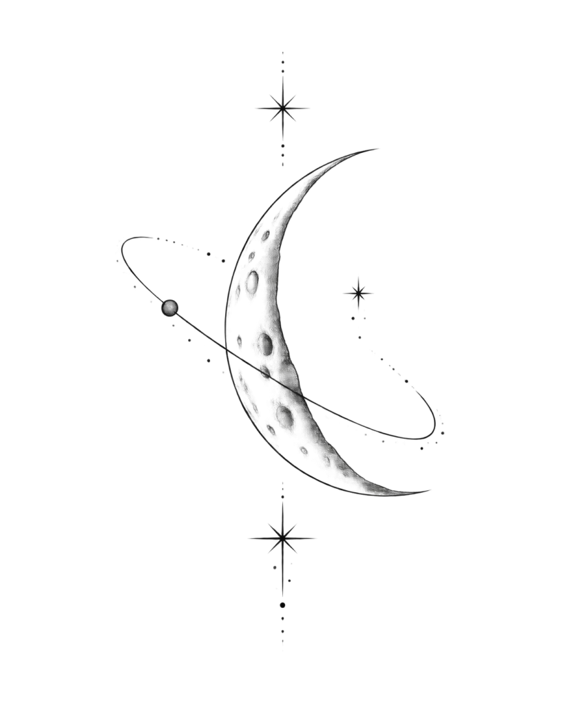 Dessin de flash lunaire entouré d’une orbite fine et de quelques étoiles