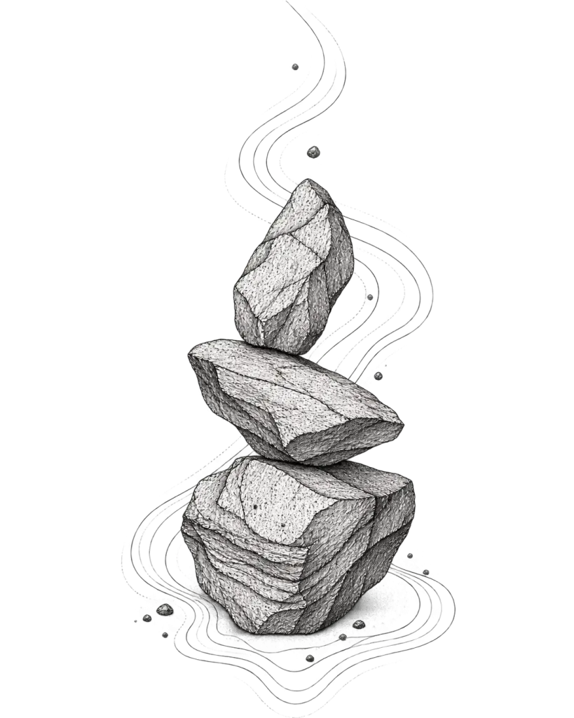 Dessin de flash minéral mêlant galets, strates et lignes topographiques