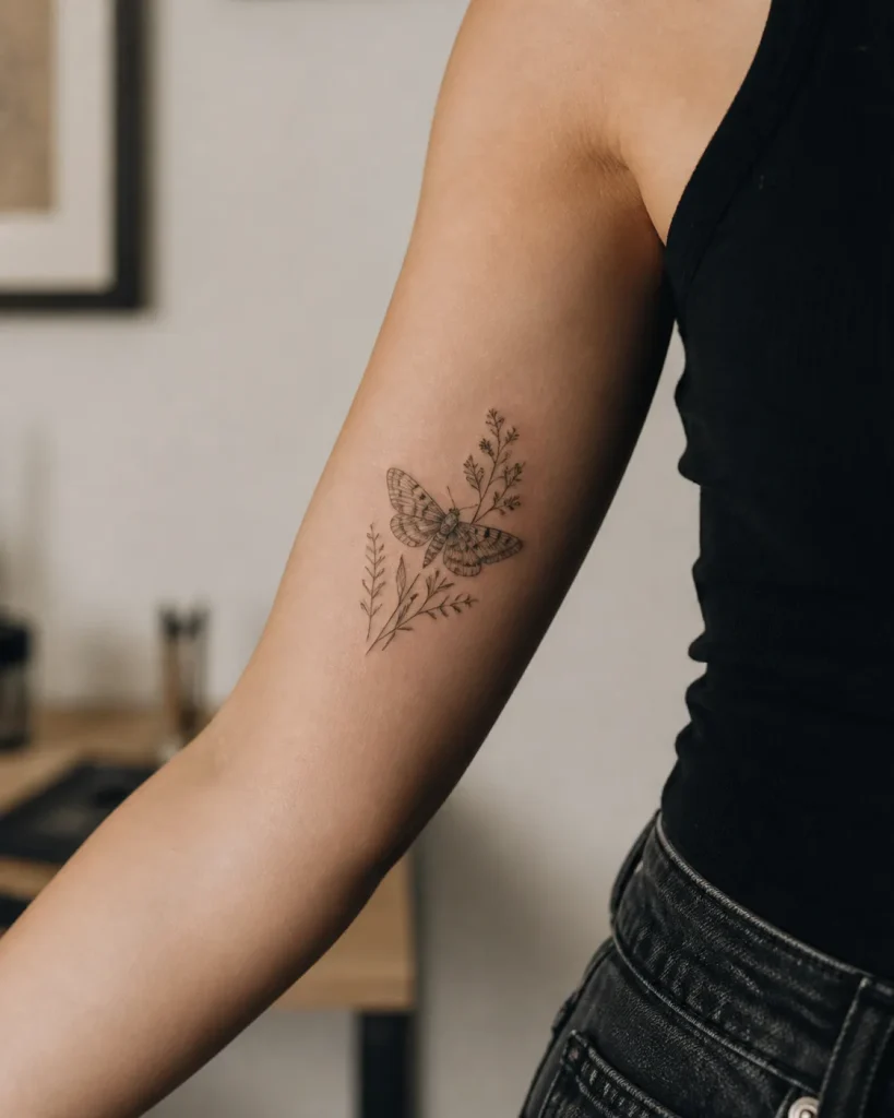Tatouage fin d’un papillon de nuit entouré de végétaux sur un bras