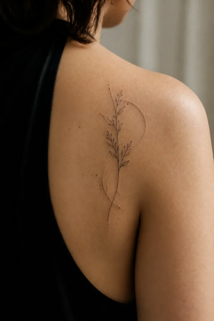 Tatouage botanique fin sur une omoplate