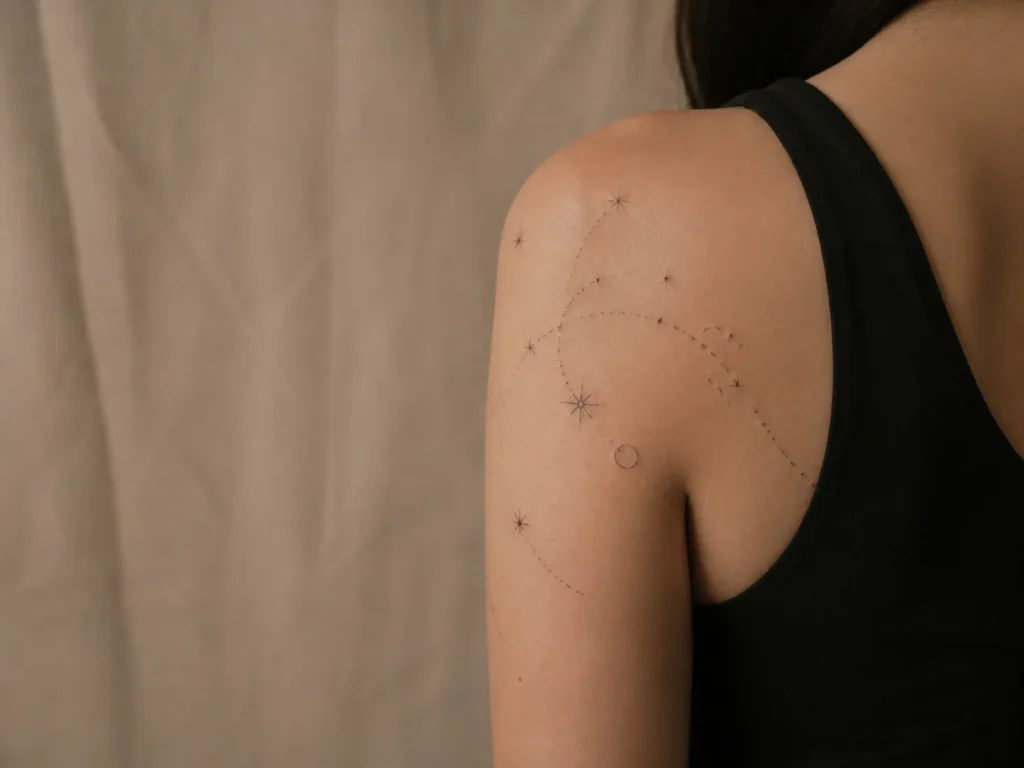 Tatouage fin d’une constellation imaginaire sur une épaule