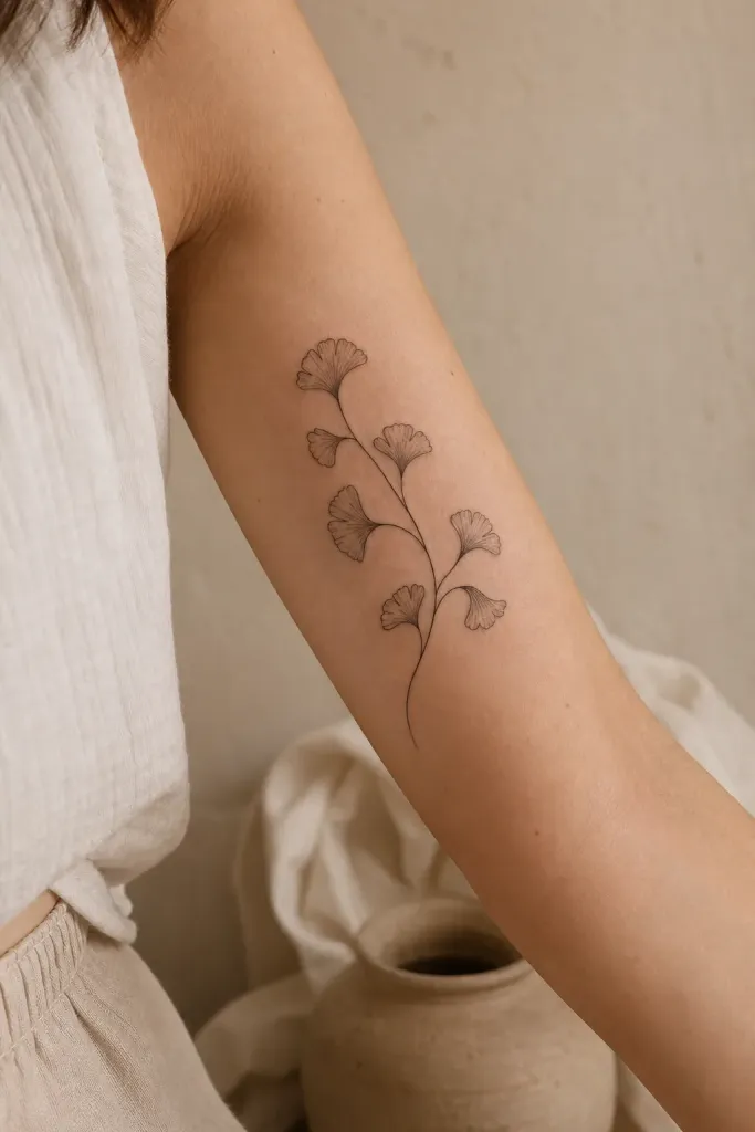 Tatouage d’une branche de ginkgo au trait fin sur un bras