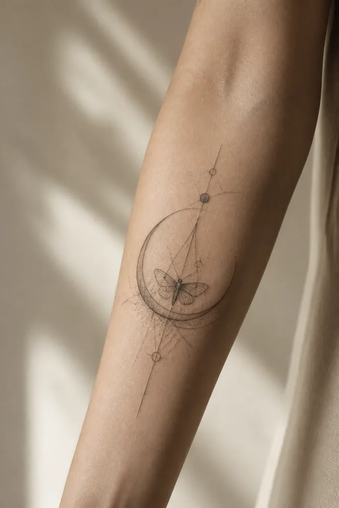 Tatouage abstrait mêlant lune et lignes fines sur un avant-bras