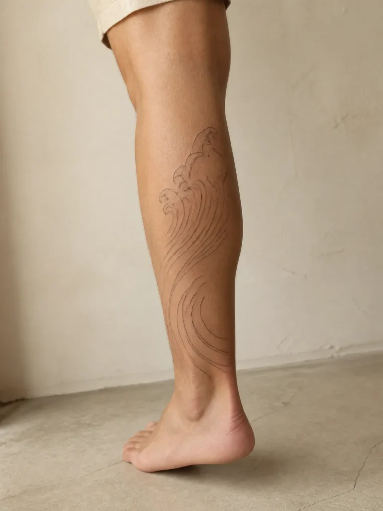 Tatouage abstrait inspiré d’une vague sur le côté d’un mollet