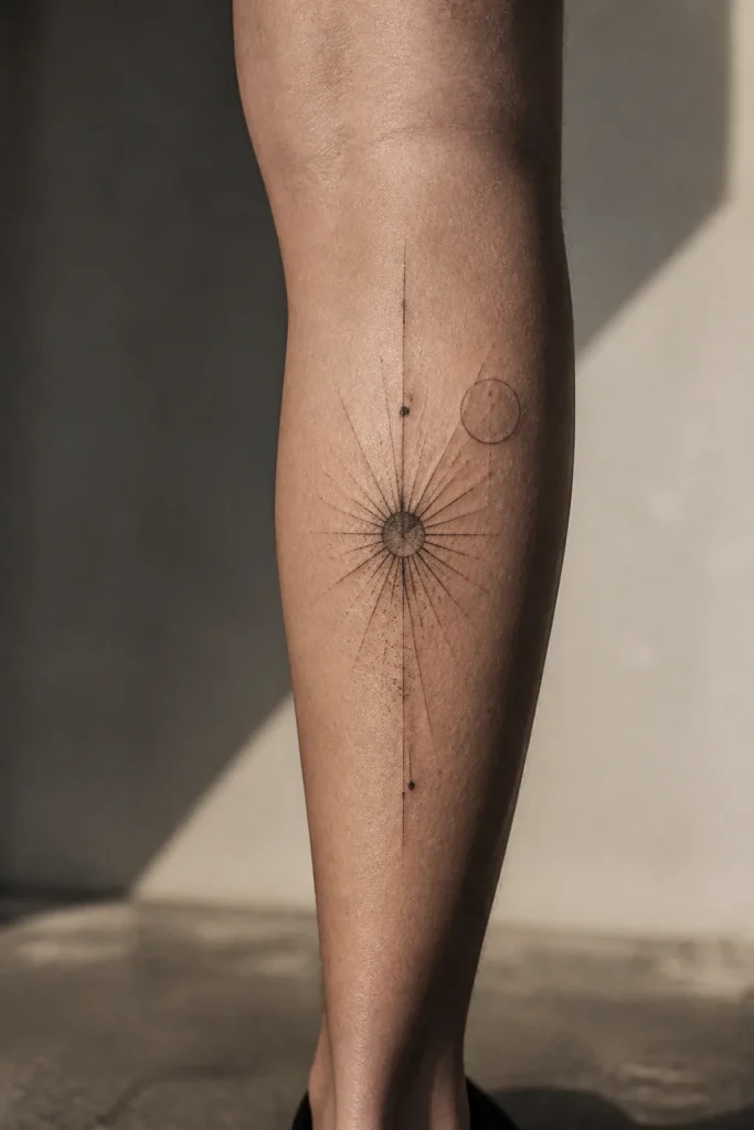 Tatouage de soleil géométrique au trait fin sur un mollet