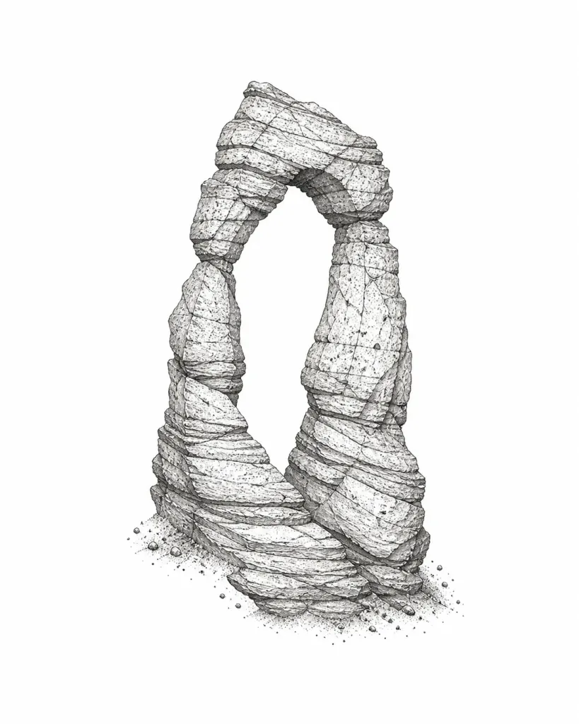 Dessin de flash minéral composé d’une arche stratifiée et de ponctuations fines