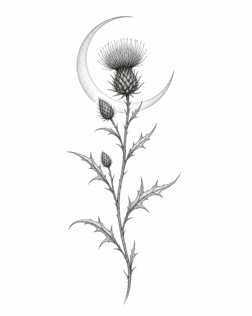 Dessin de flash botanique mêlant un chardon fin et un croissant de lune