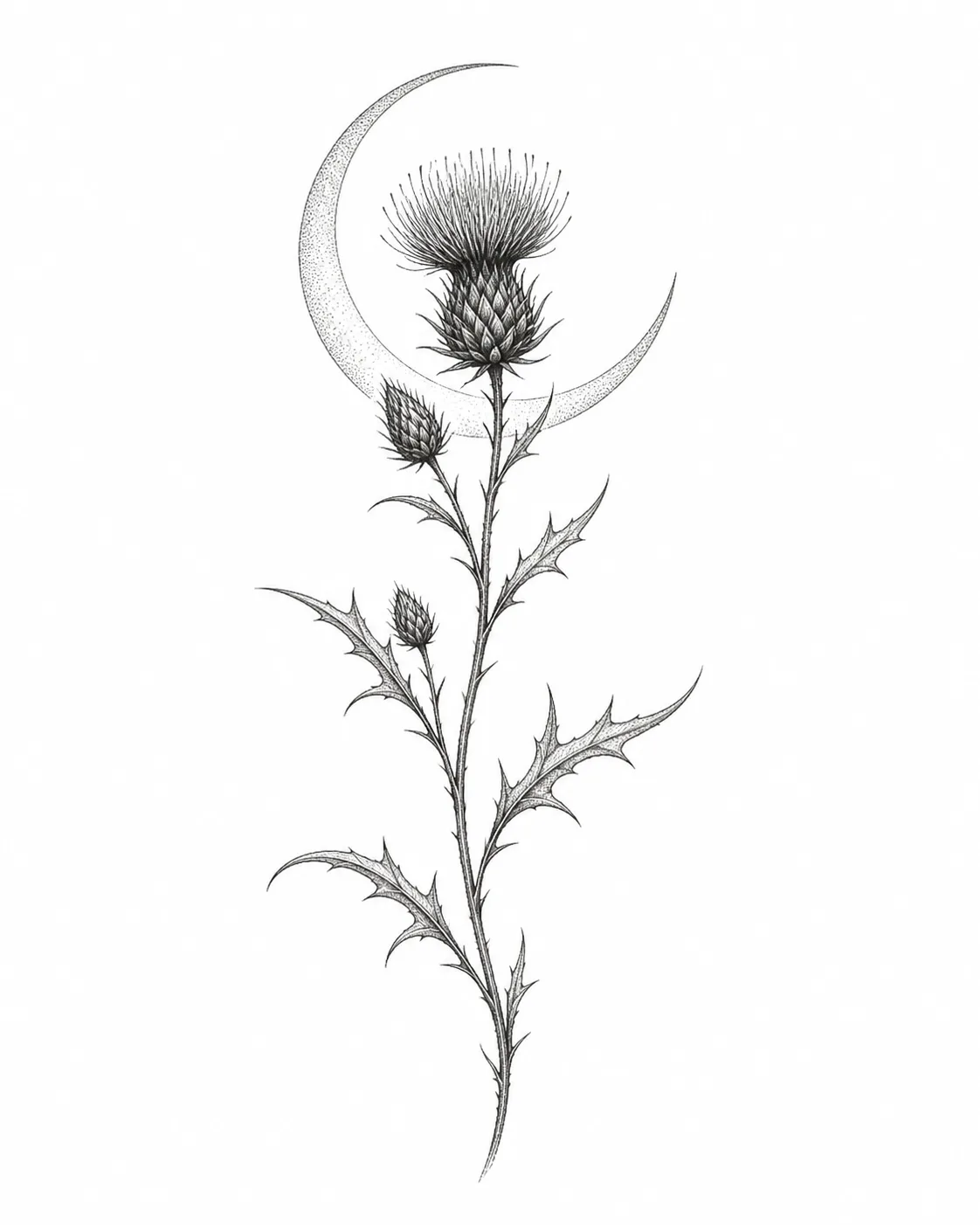 Dessin de flash botanique mêlant un chardon fin et un croissant de lune