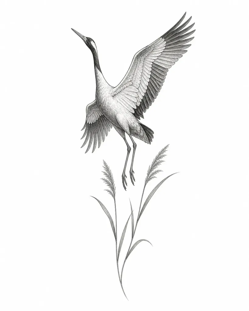 Dessin de flash représentant une grue en mouvement parmi trois roseaux