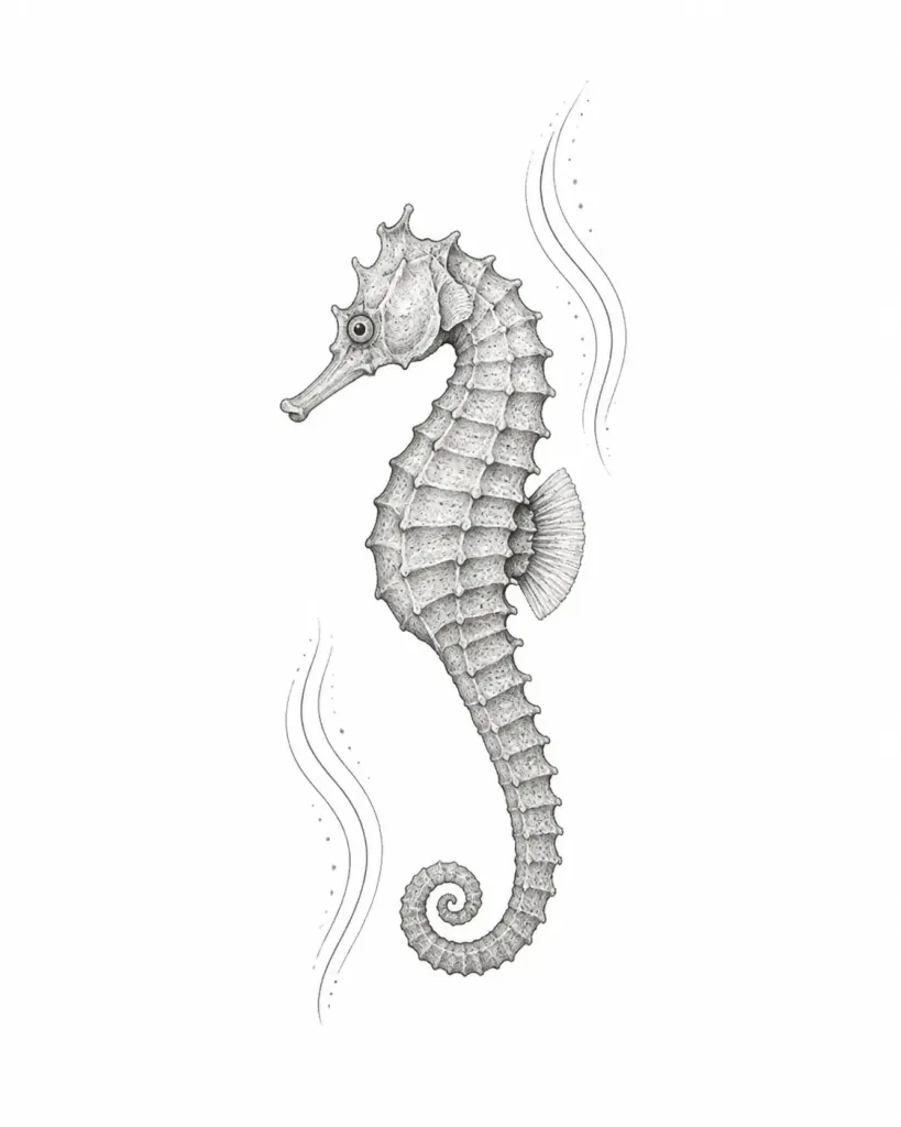 Dessin de flash représentant un hippocampe entouré de deux courants légers