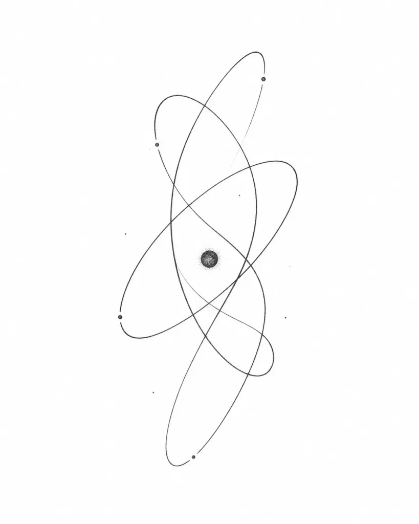 Dessin de flash abstrait composé de trois orbites nouées autour d’un point sombre