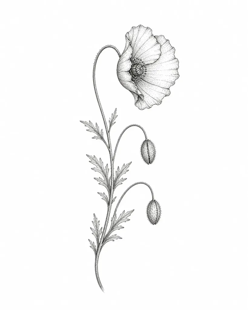 Dessin de flash botanique représentant un pavot courbé et deux boutons