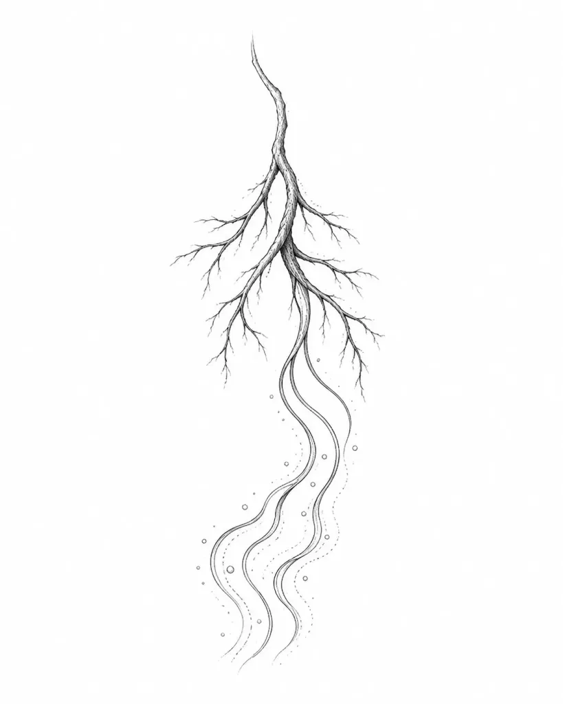 Dessin de flash abstrait où des racines fines se prolongent en lignes d’eau