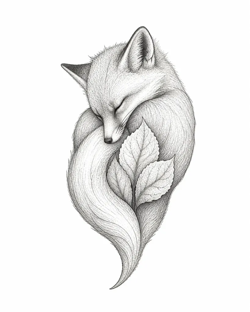 Dessin de flash représentant un renard lové autour de feuilles légères