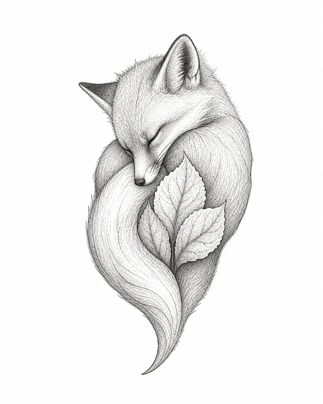 Dessin de flash représentant un renard lové autour de feuilles légères
