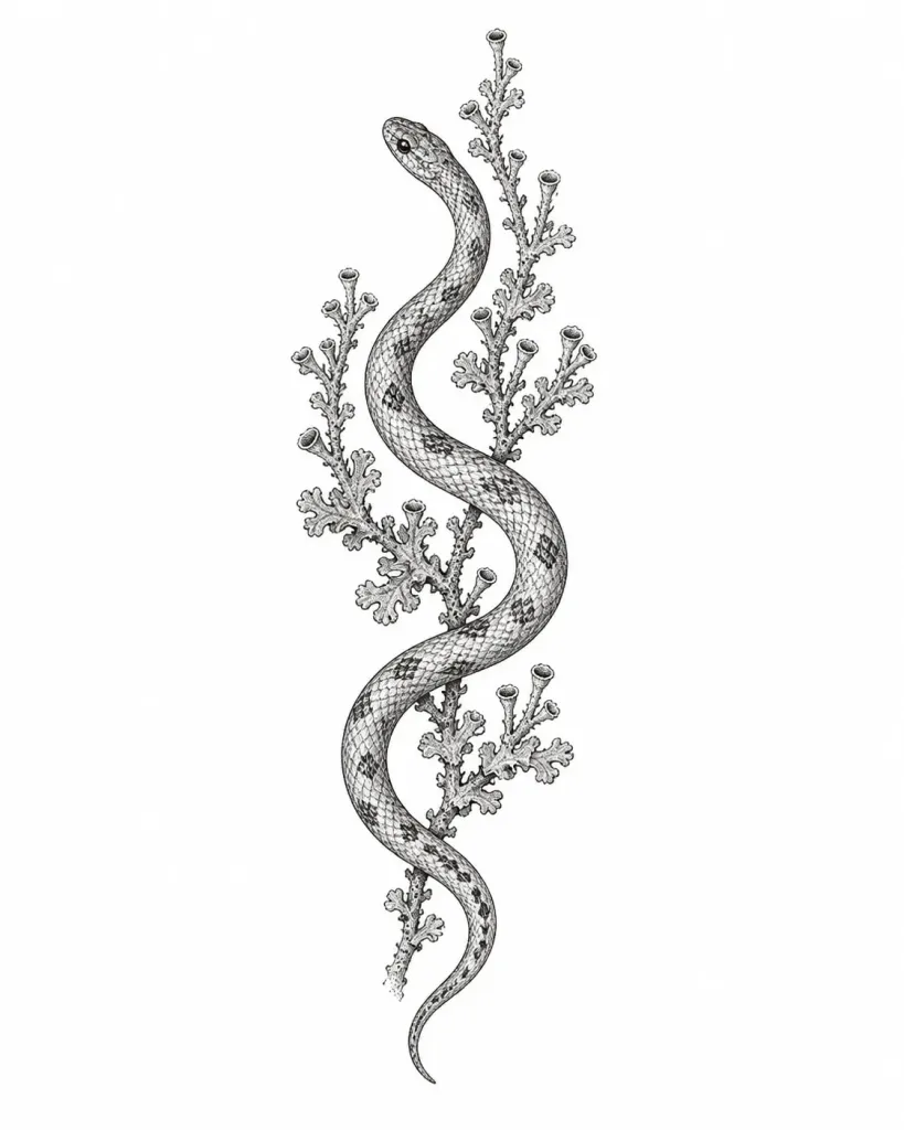 Dessin de flash représentant un serpent ondulant entre de petites pousses de lichen