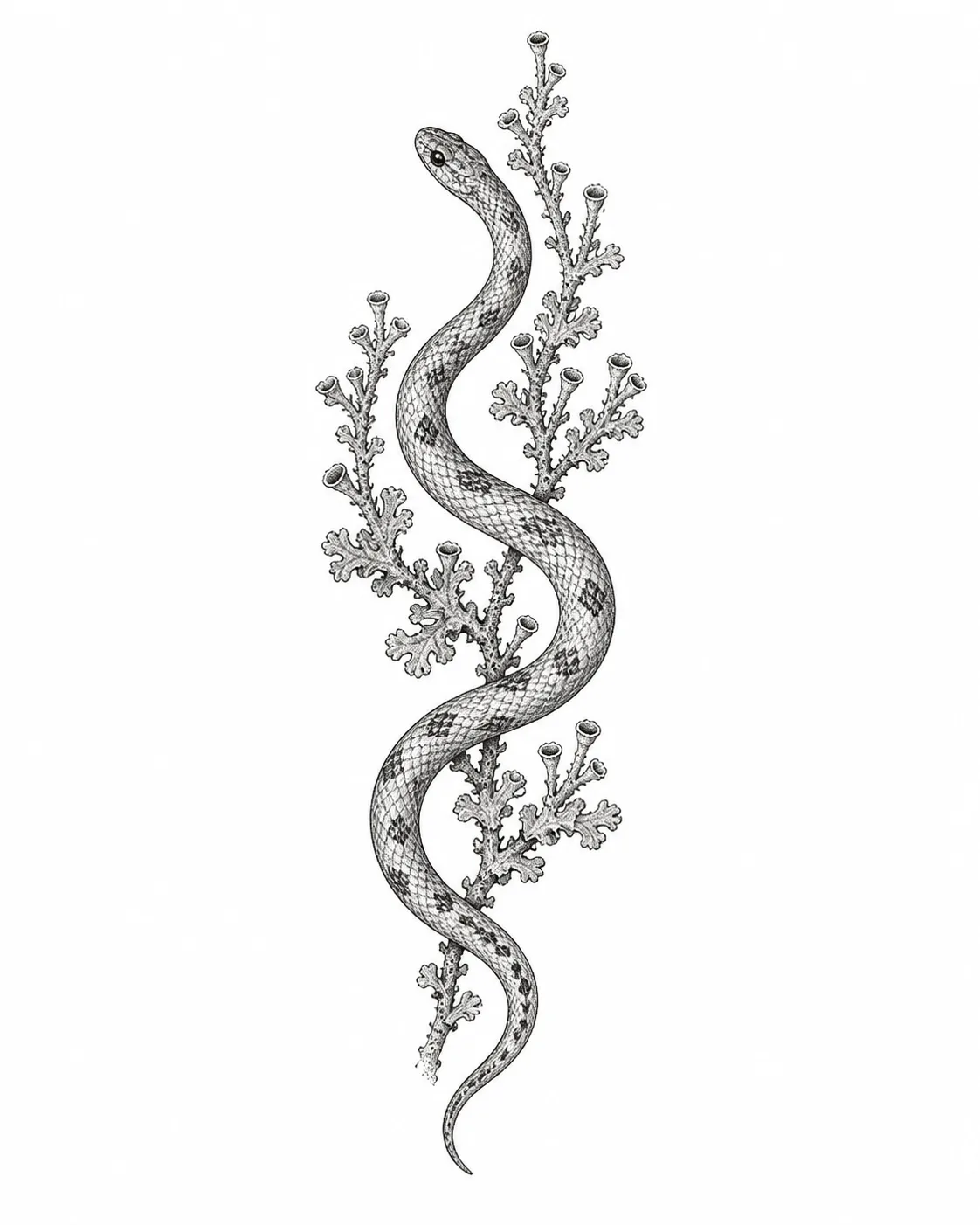 Dessin de flash représentant un serpent ondulant entre de petites pousses de lichen
